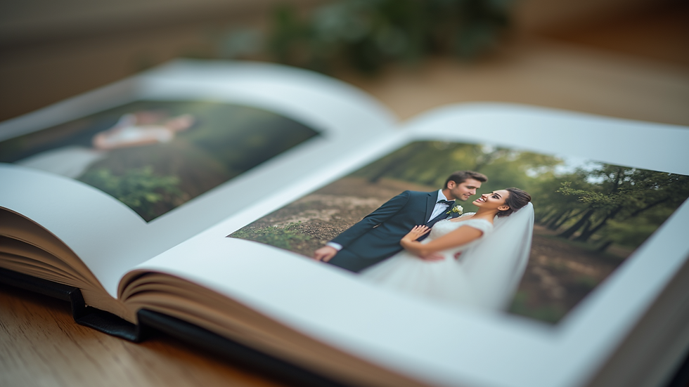 Close-up view of a wedding album with printed photos