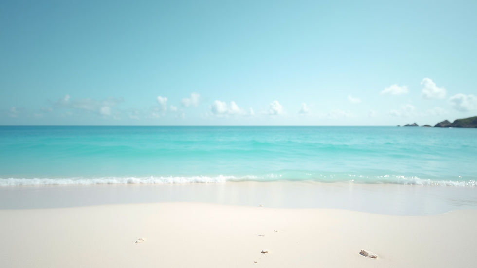 Wide angle view of a tranquil beach with soft white sand and clear blue waters
