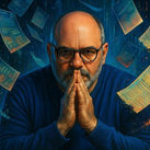 Consultant en cybersécurité en pose réfléchie, mains jointes, entouré de documents d’analyse des risques cyber flottant dans un décor numérique coloré, symbolisant la complexité et les dérives méthodologiques.