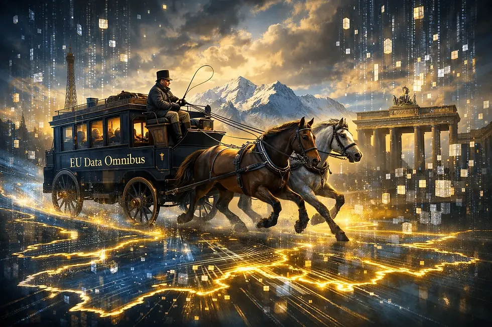 Omnibus Digital, représentation visuelle de la réforme numérique européenne : une calèche parcourt l’Europe en centralisant les flux de données, illustrant l’harmonisation des réglementations numériques de l’UE.