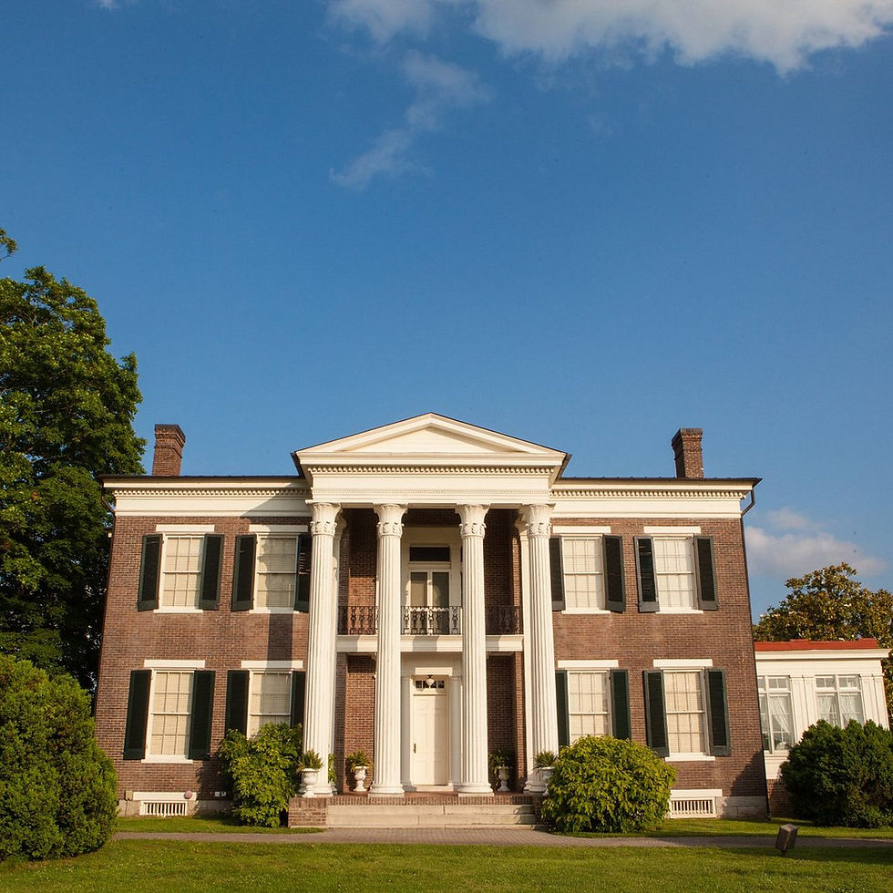 Rippa Villa Plantation. Stately brick mansion with white columns, black shutters, and a manicured lawn under a bright blue sky.