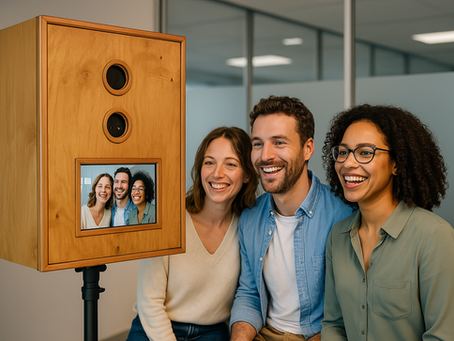 Photobooth en bois de style vintage utilisé lors d’un événement d’entreprise, avec en arrière-plan un décor professionnel moderne. Trois personnes souriantes et décontractées interagissent avec le dispositif, illustrant l’aspect convivial et engageant de cette animation corporate. L’ambiance est dynamique, propice à la création de souvenirs tout en favorisant la collecte de leads et l’échange entre participants.