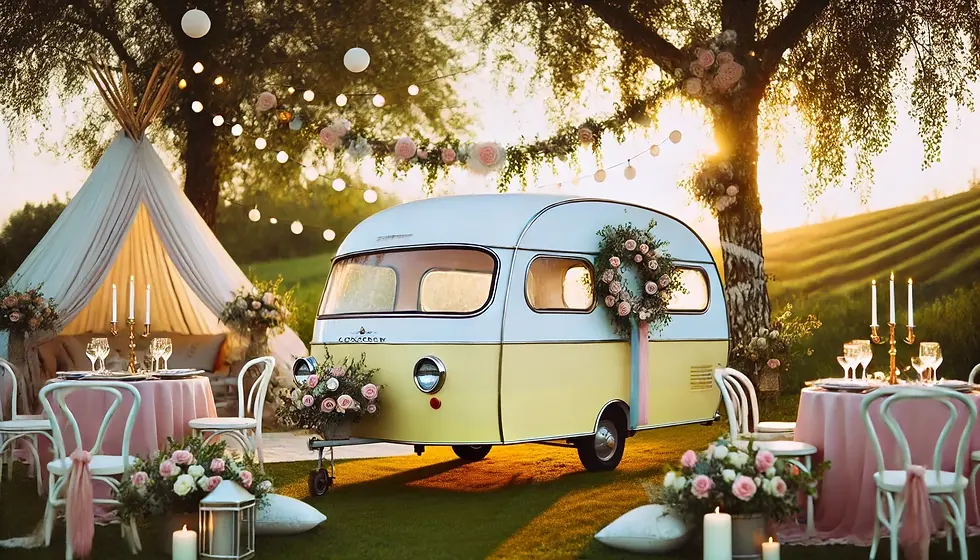 Caravane photobooth rétro dans un décor bohème, entourée de guirlandes lumineuses et de fleurs, parfaite pour capturer des souvenirs inoubliables lors d'un mariage bohème en plein air. L'ambiance romantique et vintage se marie idéalement avec le thème naturel et élégant du mariage.
