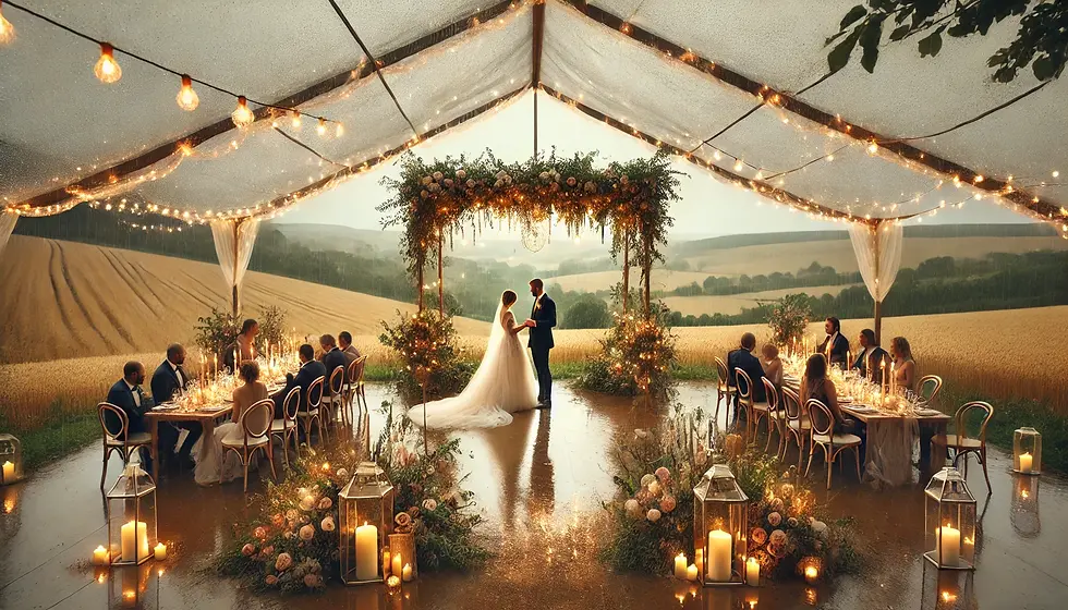 Scène de mariage en plein air sous une grande tente transparente, avec des lumières féériques et des décorations florales. Les mariés se tiennent sous une arche, tandis que les invités sont assis à une table élégante, éclairée par des bougies. En arrière-plan, on aperçoit un paysage champêtre français avec des champs de blé dorés et des collines douces. La pluie tombe doucement, créant une ambiance romantique et sereine, tout en étant protégée sous la tente.