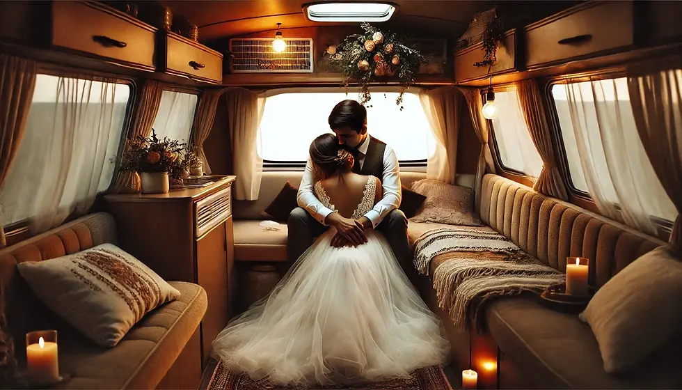 Un couple de mariés est assis à l'intérieur d'une caravane Constructam Condor des années 60 transformée en photobooth. Le marié, de dos, enlace la mariée dont le visage est partiellement caché. Ils sont entourés d'une décoration bohème comprenant des guirlandes lumineuses et des arrangements floraux. L'intérieur de la caravane, avec ses petites fenêtres et sans tableau de bord, crée une ambiance intime et romantique, parfaitement adaptée à un mariage.