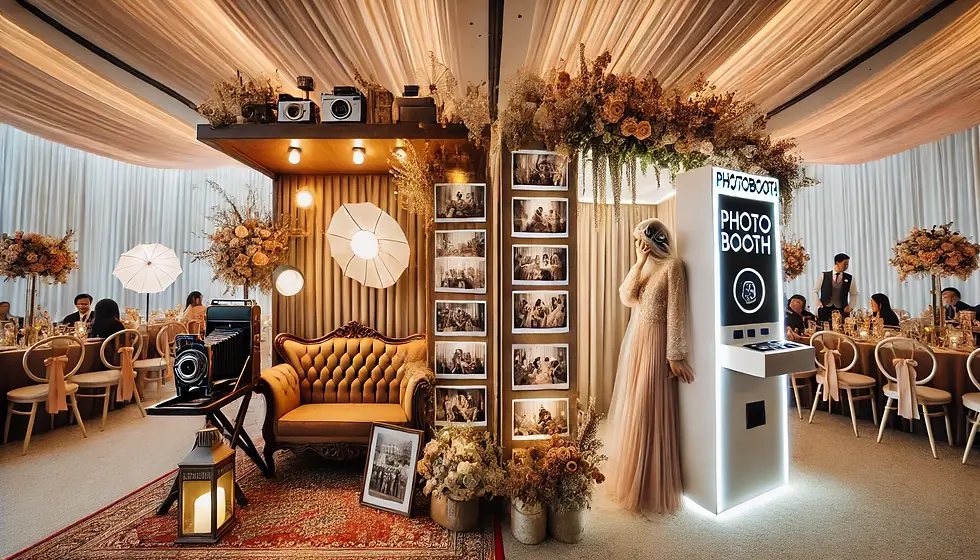 Scène de mariage avec deux photobooths côte à côte. Le photobooth vintage inclut une vieille caméra, des meubles anciens, un canapé capitonné et des décorations florales nostalgiques sous un éclairage chaleureux. À côté, le photobooth moderne présente un design épuré avec des LED et des fonctionnalités numériques. Les invités profitent des deux styles, mettant en contraste l'élégance intemporelle du photobooth vintage et l'aspect sophistiqué et high-tech du photobooth moderne. L'ambiance générale est festive et élégante.