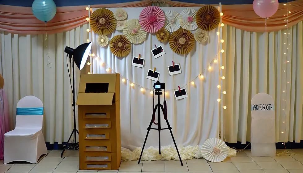 Un photobooth DIY de mariage avec un fond de rideau et des décorations en papier mal arrangées. Une lumière est posée à côté d'une cabine en carton, et des guirlandes lumineuses sont accrochées de manière irrégulière. L'installation est basique et désordonnée, montrant un effort rapide et peu soigné.