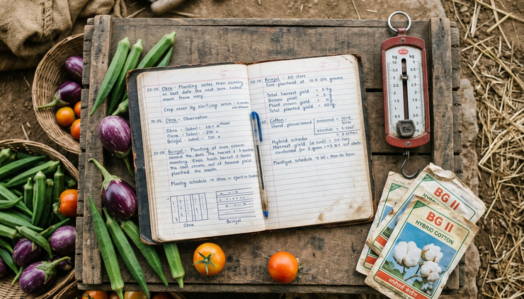 Overhead view of a farm notebook beside harvested vegetables and seed packets