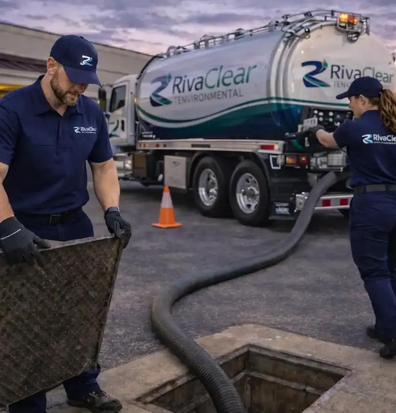 a RivaClear team pumping out an outdoor grease interceptor