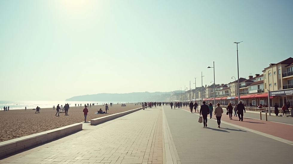 Wide angle view of a Bournemouth beach promenade with groups of people walking