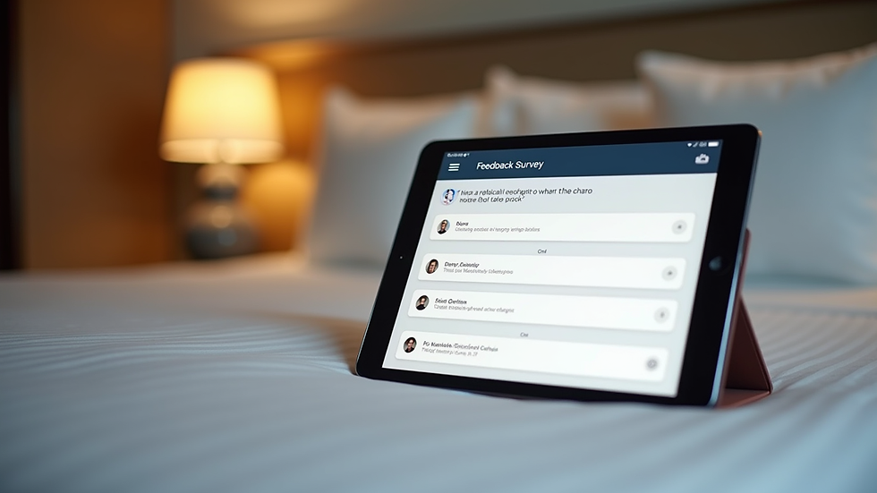 Close-up view of a hotel room with a tablet displaying a feedback survey