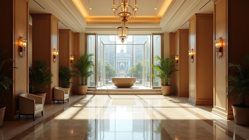 Eye-level view of elegant hotel lobby with modern decor