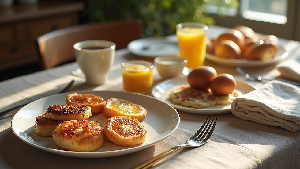 High angle view of a beautifully set dining table with fresh breakfast items