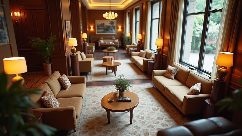 High angle view of a hotel lounge area with comfortable seating and warm lighting