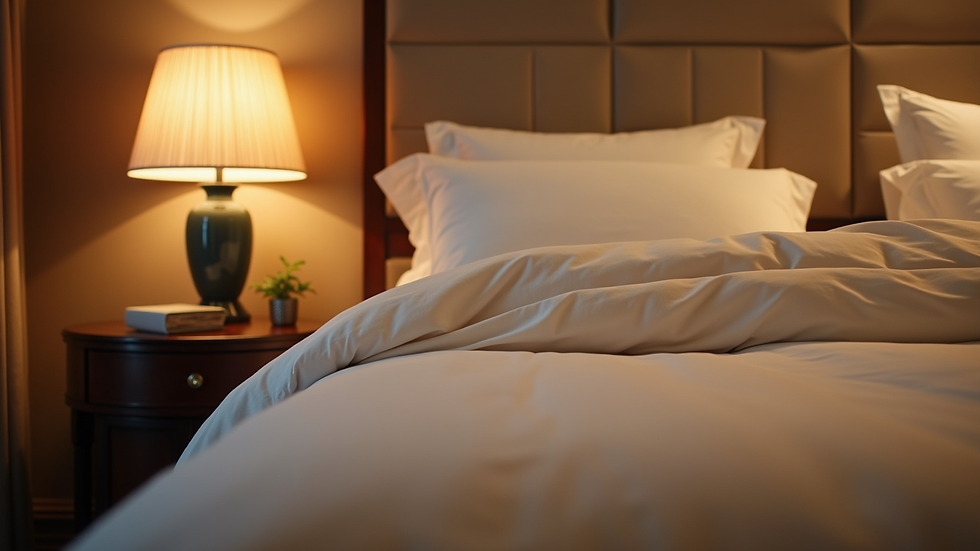 Eye-level view of a cosy hotel room with soft lighting and elegant decor