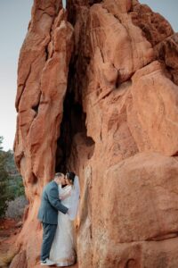 bride and groom garden of the gods portrait photo at garden of the gods for their wedding. Captured by Colorado elopement photographer, Michelle Betz Photography.