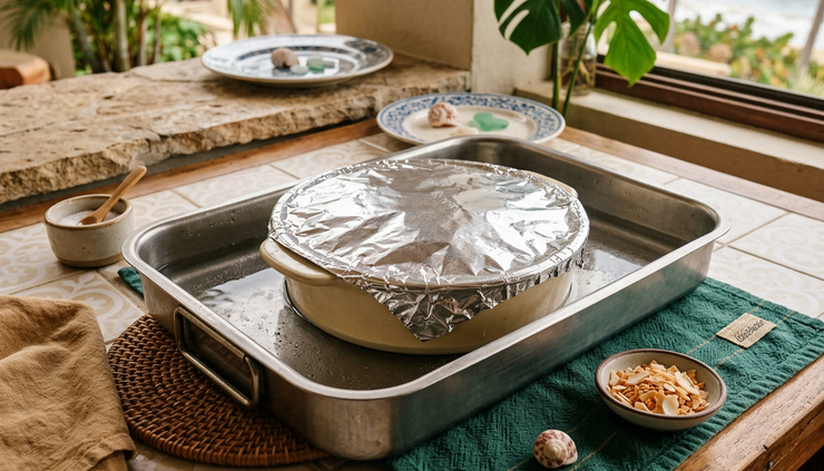 Eye-level view of a caramel-lined flan dish sitting inside a larger pan for a baño María.