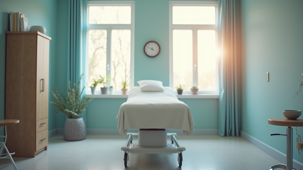 Eye-level view of osteopathic treatment room with treatment table