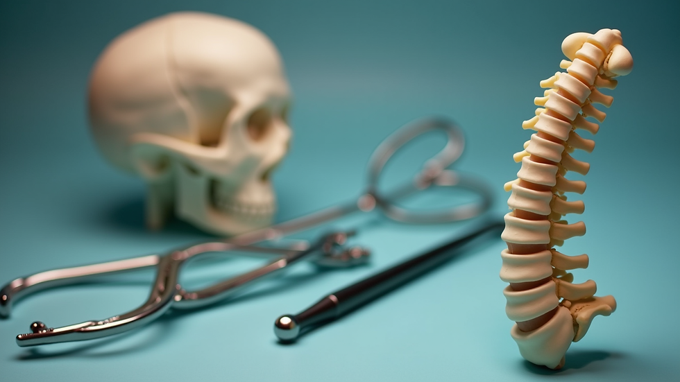 Close-up view of osteopathic tools and anatomical spine model