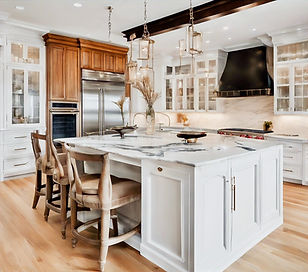 Finished kitchen remodel featuring white cabinetry, a large center island, bar seating, and hardwood flooring.