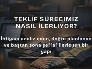 İş elbisesi teklif süreci için hazırlanan kumaş numuneleri ve teklif planlama masası