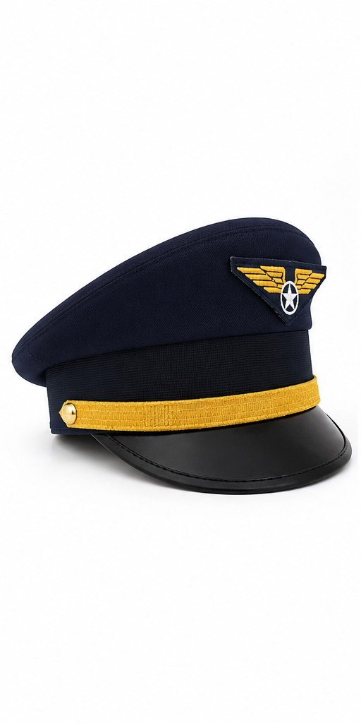 çocuk kaptan pilot lacivert sırmalı siperlikli şapka yandan görünüm