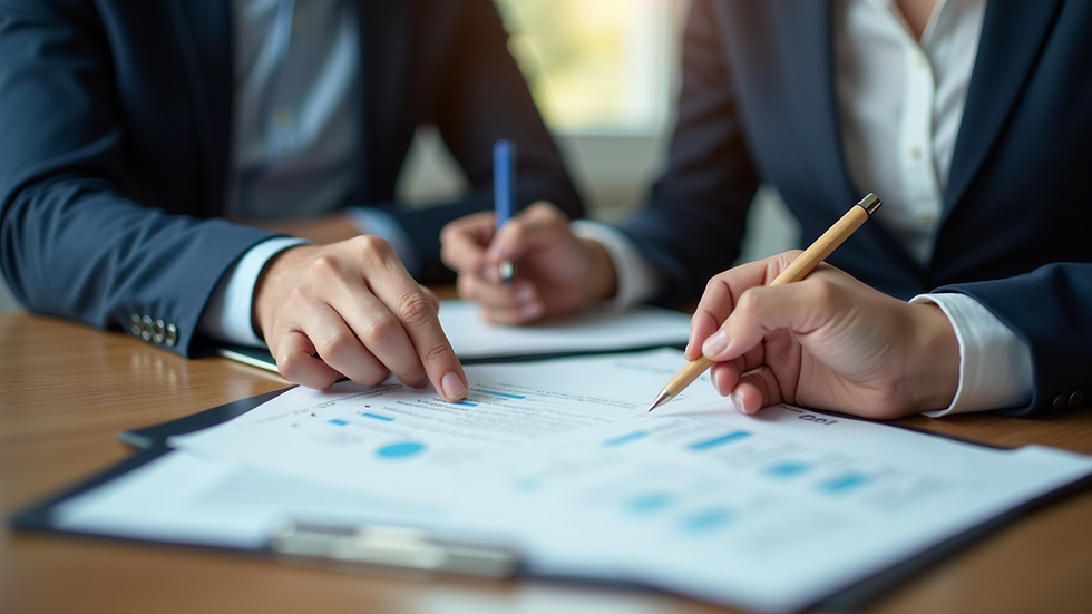 Two individuals in suits review graphs and documents on a wooden table, pointing with pens. The mood is focused and professional.