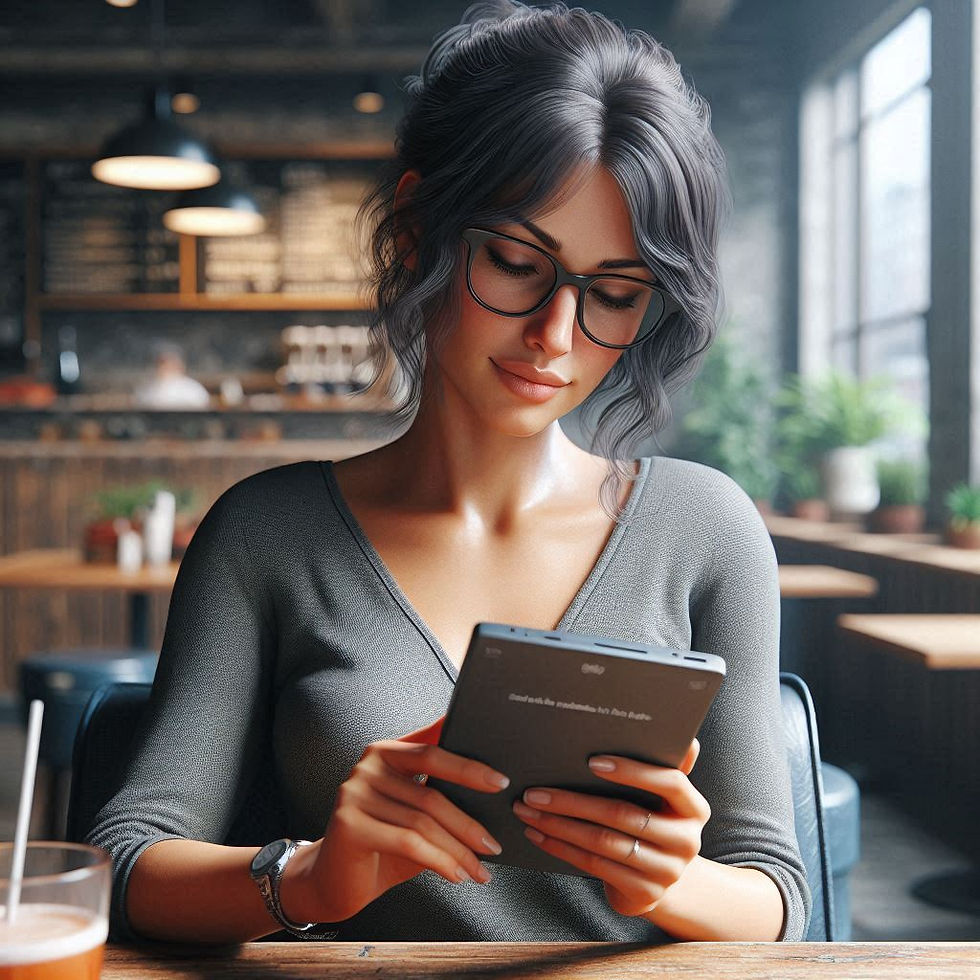 AI generated image of Woman reading a book on an e-reader in a cafe.