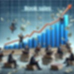 Book Sales graph showing an increase in sales as time goes on; men sitting on stacks of books reading a book, dollar bills are flying around indicating success