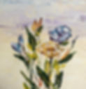 Original Art by Val Martens validart.ca Blue and orange flowers on lightly coloured backgroud painted in acrylics with a palette knife.