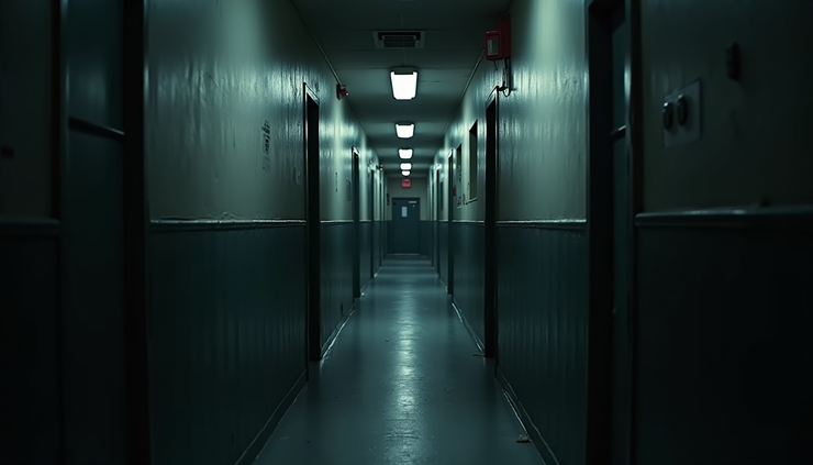 Eye-level view of a dimly lit, empty corridor in a prison
