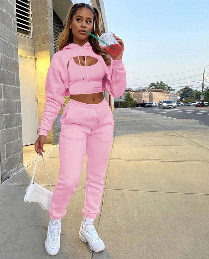 Simple Three Piece Set Women Solid Pullover Hooded Top+Sleeveless Vest