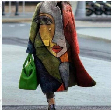 Vintage Print Long Woolen Coat Solid Turn-down Collar Loose-fitting