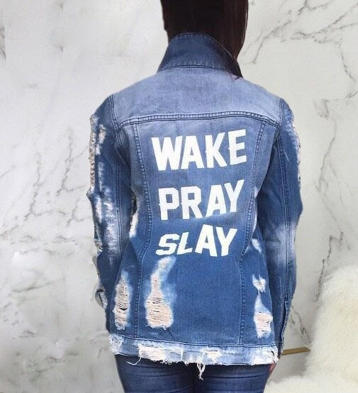 Long Sleeved Frayed Jacket Denim Hole Vintage