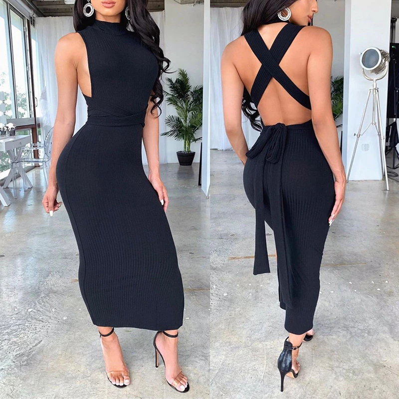 Sexy Dress Women Wrap Backless Bandage Body-con Dress Autumn Sleeveless Back