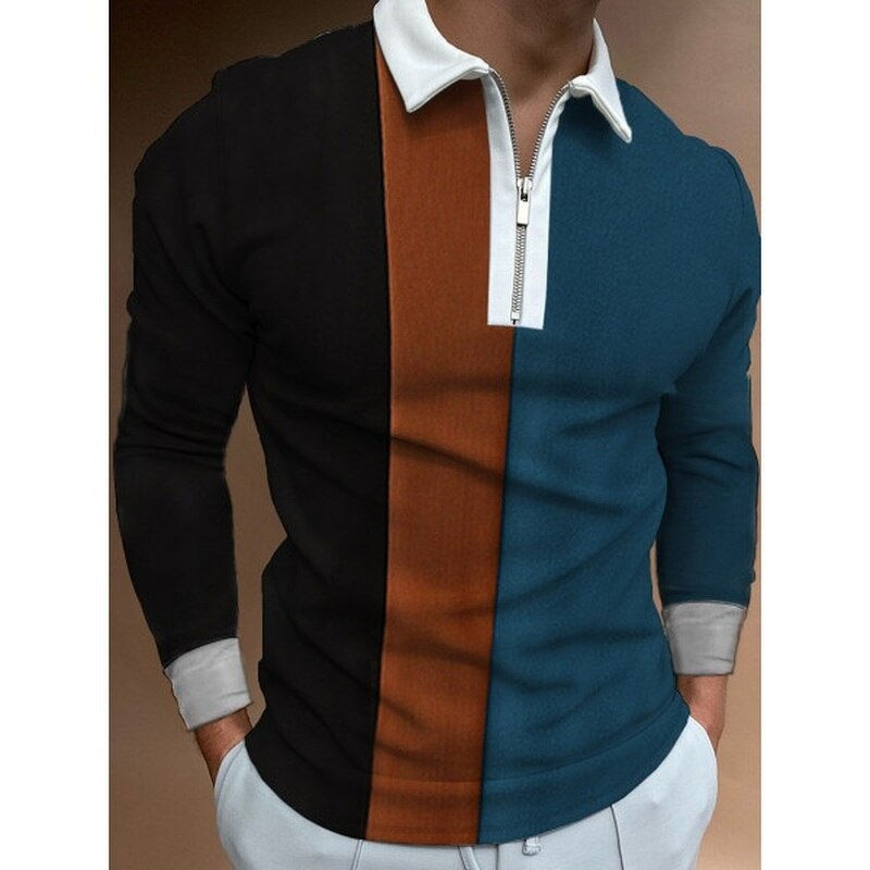 Men Casual Long Sleeve Stripe Splicing Turn-down Collar Top