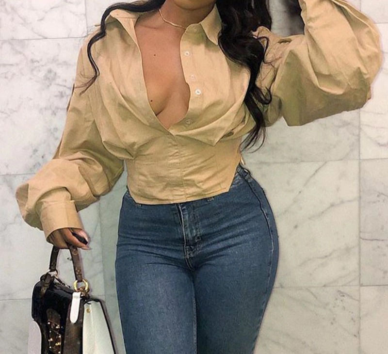 Women Long Lantern Sleeve Button Shirt Elegant Chic Tunic Blouse Tops