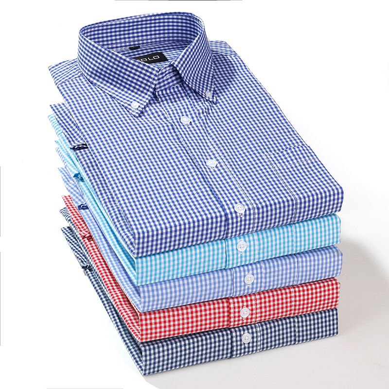 Men's grid Long Sleeve Breathable Cotton Business Casual Large size