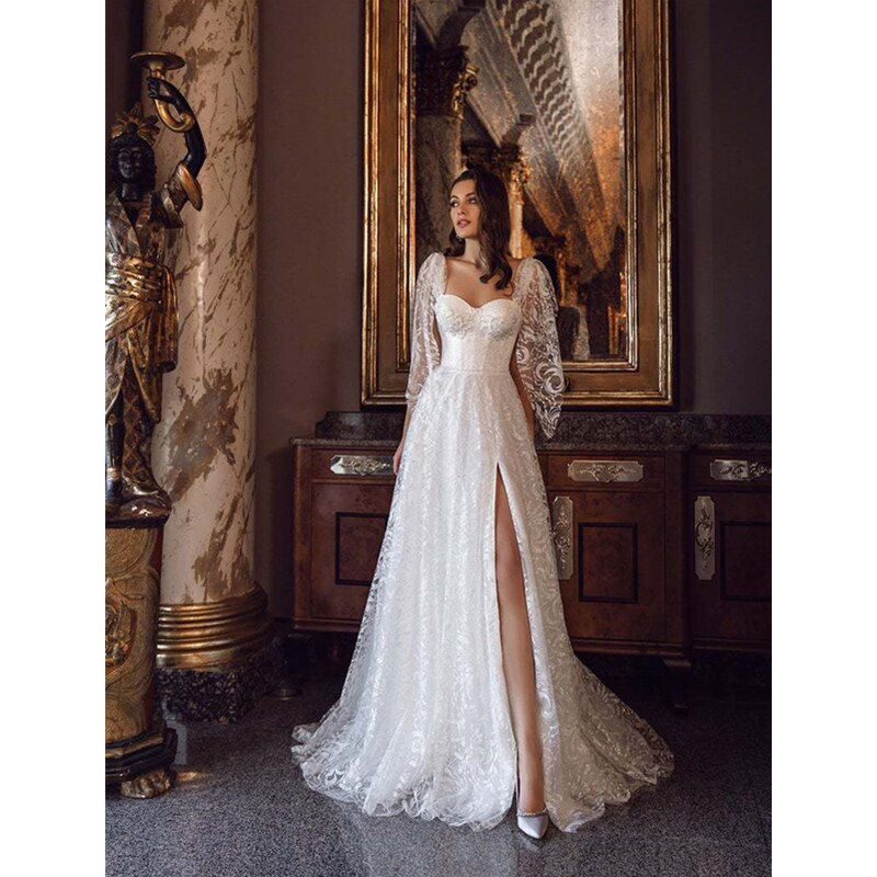 Elegant Lace Hollow Out Mermaid Wedding Dress Puff Sleeve High waist