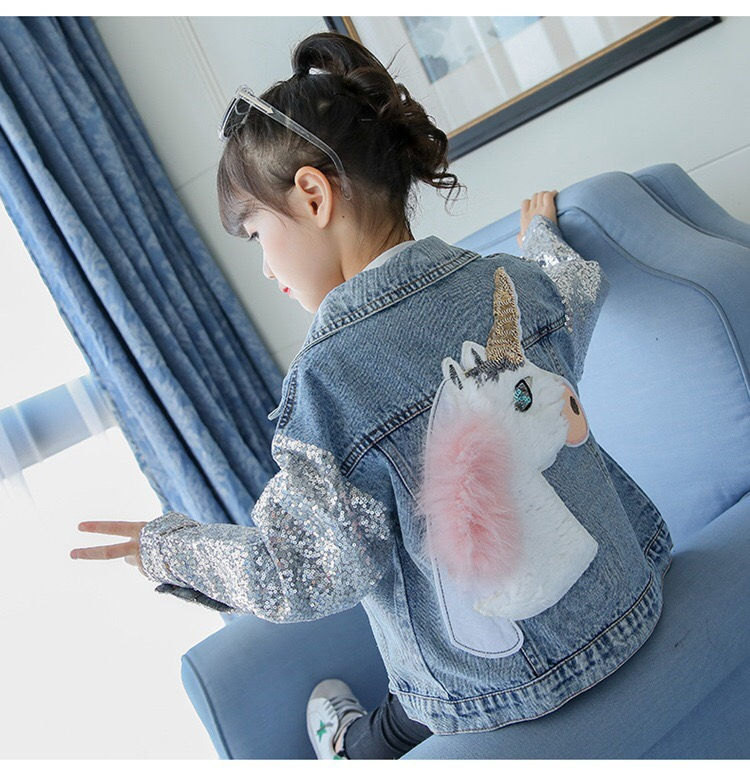 fashion sweet sequined unicorn collar casual girl denim jacket