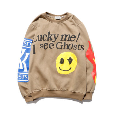 Smiley flame velvet round neck sweatshirts graffiti foam letters unisex