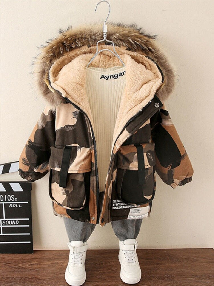 Collar Hooded Cotton Plus Velvet Thicken Warm Camouflage Jacket