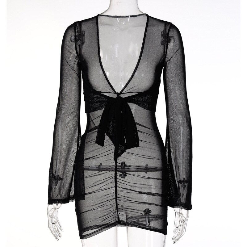V Neck Mesh Ruched Wrapped Black Dress Sexy