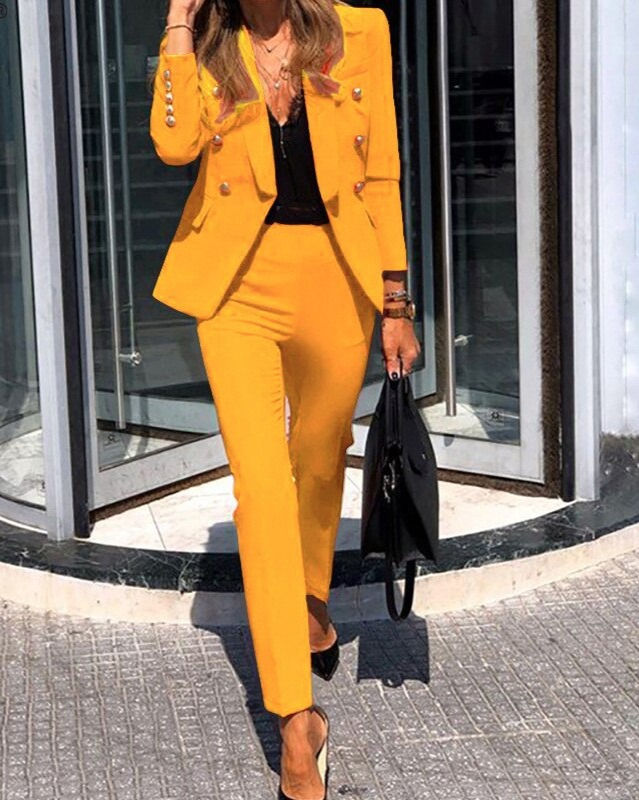 Solid Black Suits V-Neck New Arrival High Fashion Casual 2 Pieces Women Set