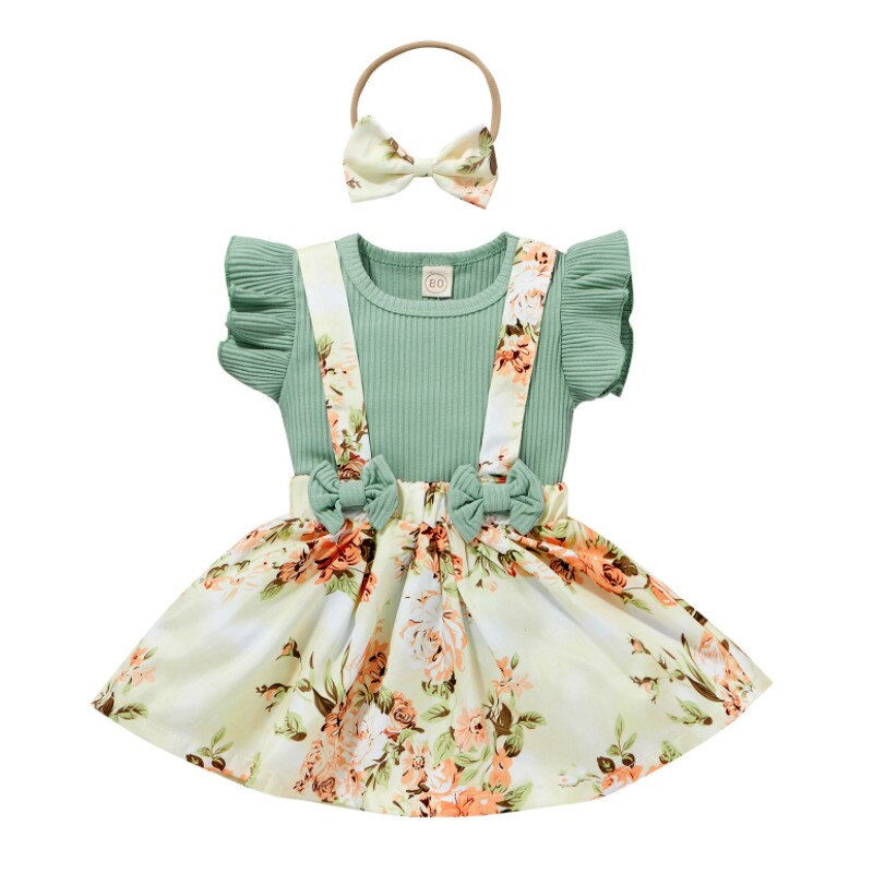 3 Pieces Kids Suit Set, Summer Solid Color O-Neck Fly Sleeve Tops+ Floral Suspe