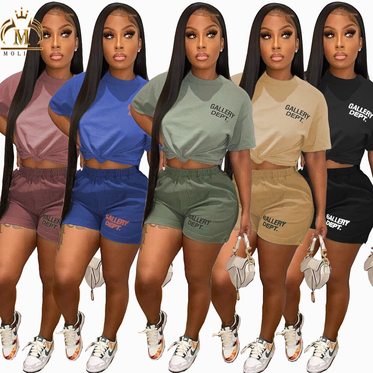 Summer Women Short Outfits Letter Print Crop Top Cotton T Shirt And Shorts Matc