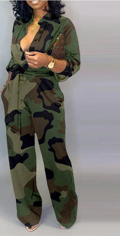 V Neck Camouflage Print Buttoned Jumpsuit Women Jumpsuit