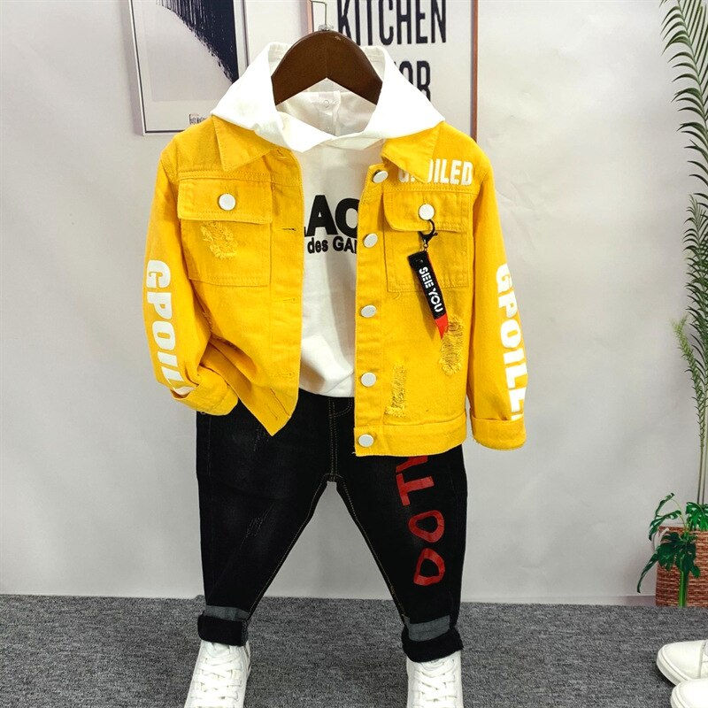 Boys Cow boy Jacket, Hoodie, Jeans Sets 3 pcs Boys Sport Suits Children Cotton