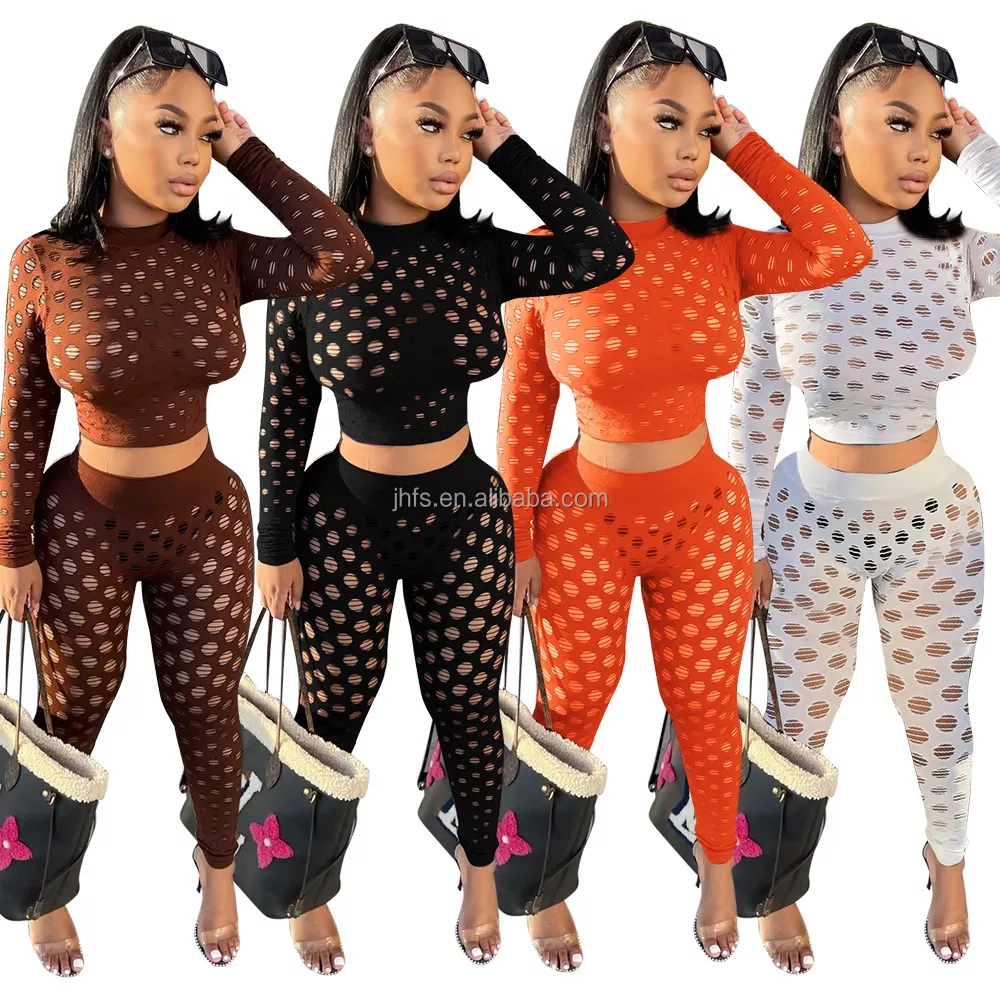 hollow out pants women 2 sets outfits slim solid color sexy