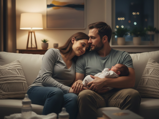 Vyčerpaný, ale láskyplný pár sedící na gauči, objímající novorozence v noci, podpora partnerského vztahu po narození dítěte.